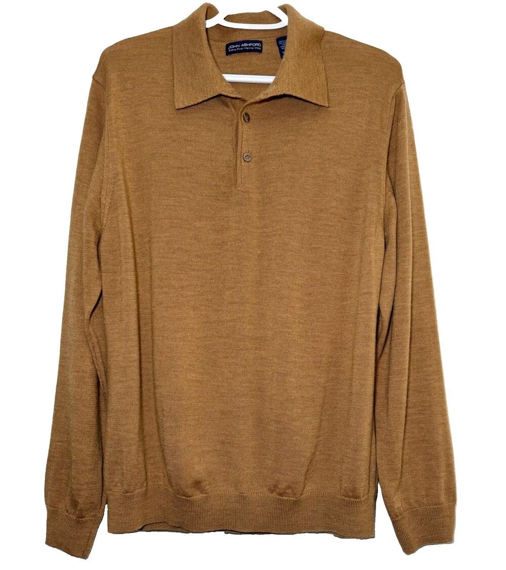 John Ashford Men’s Merino Wool Polo Sweater Brown Long Sleeve Size L XL 100